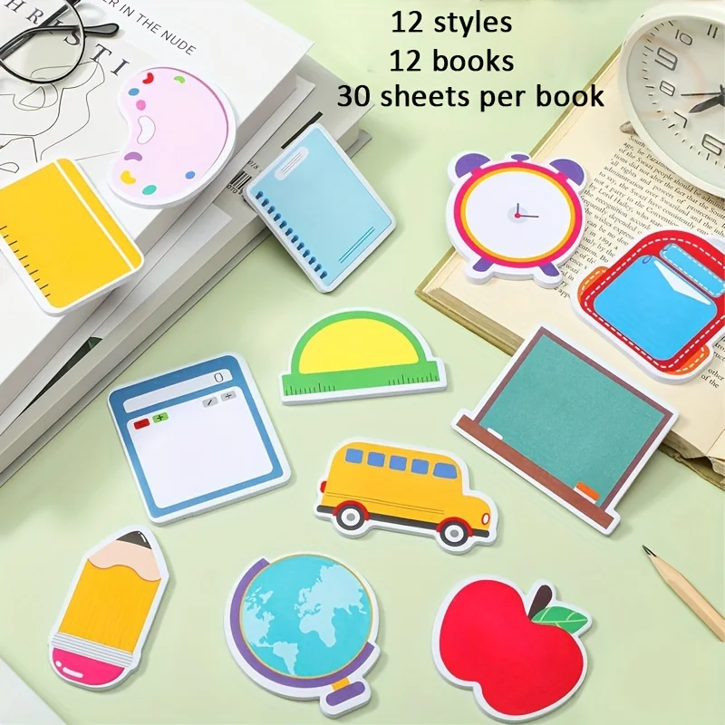12 PCS Teacher Sticky Notes Cute Sticky Notes Back to School Sticky Notes Pencil Ruler Blackboard Apple Shaped Self Sticky Cart 3