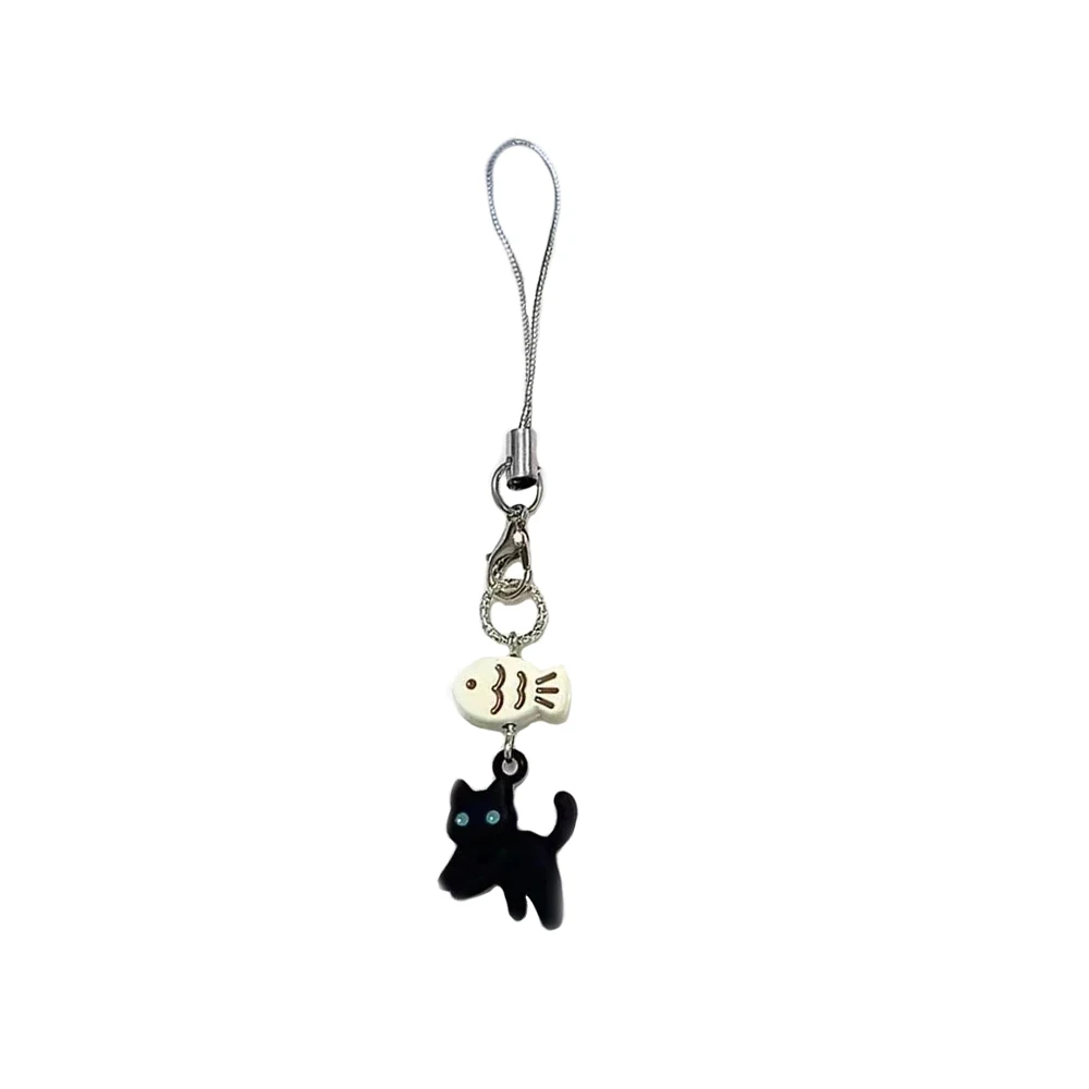 Cute Black Cat Keychain Cartoon Mobile Phone Chain Camera Earphones Pendant Bag Decorative Chain Kawaii Keyring Y2K Accessories