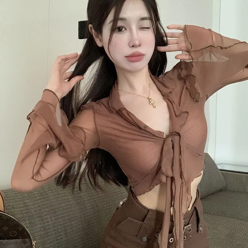 Sexy Hot Girls Blouses for Women Sweet Lace-Up Mesh Pink Flare Sleeve Shirt Female Korean Fashion All-Match Solid Cropped Shirts