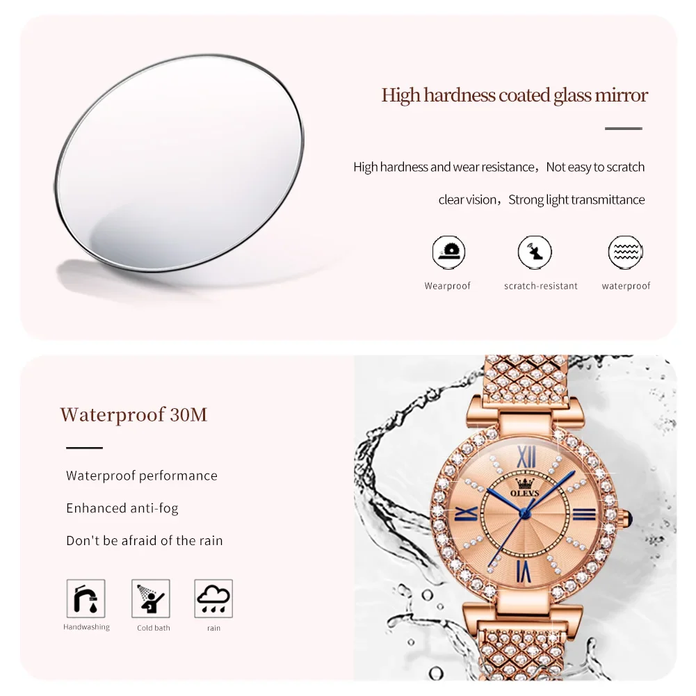 OLEVS 9942 Waterproof Inlaid diamond Luxury  Women Wristwatch, Fashion Stainless Steel Strap Quartz Watch For Women 6