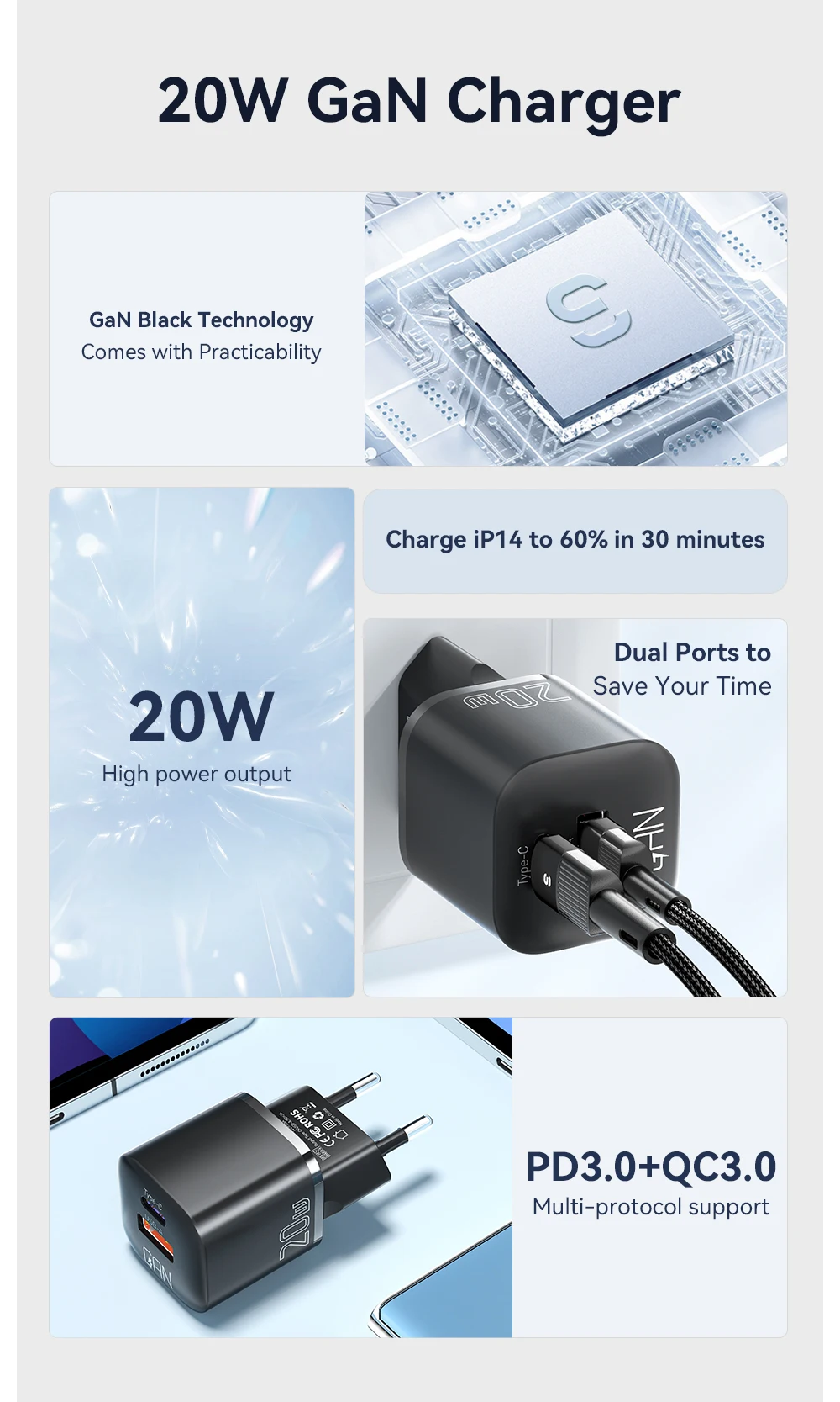 Essager 20W GaN USB C Ladegerät Tragbares Typ C Ladegerät PD Schnellladung für iPhone 15 14 13 12 11 Pro Max 8 Plus Schnellladegerät – Detail 3