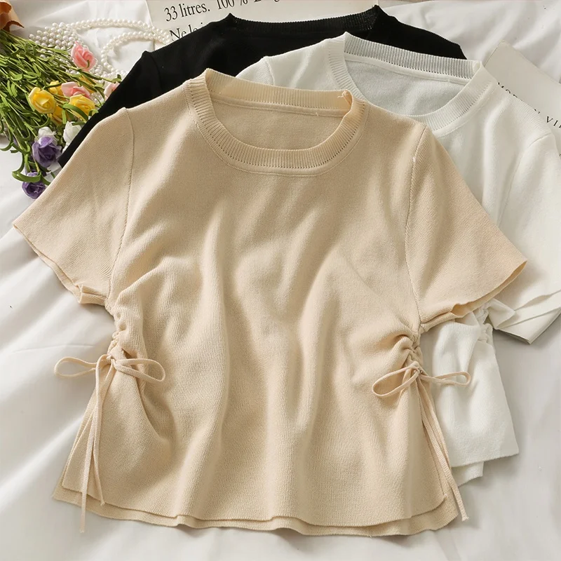 

Solid color short-sleeved drawstring T-shirt top