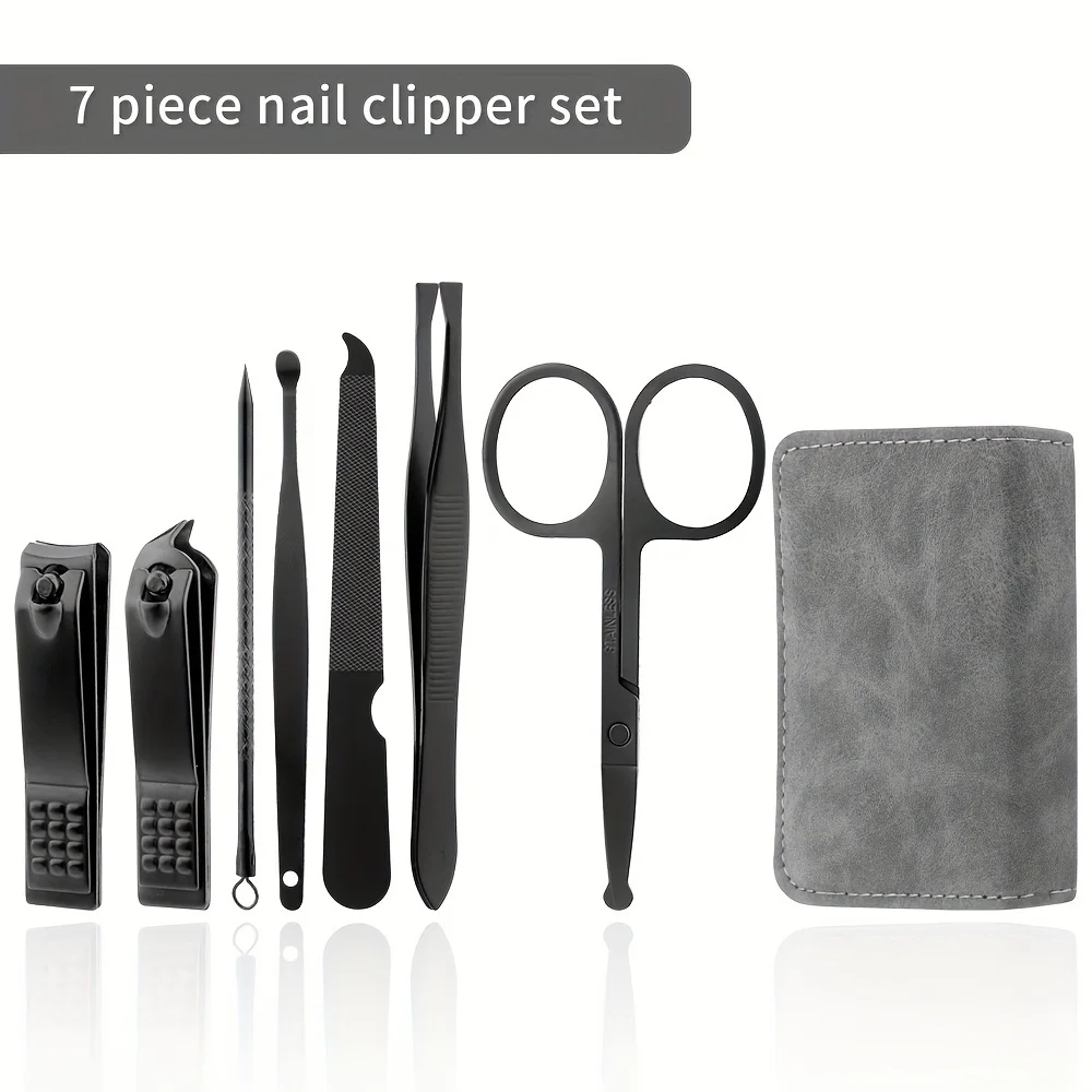 7 in 1 Nail Clippers and Beauty Tool Portable Set, Martensitic Stainless Steel Manicure Set, with Gray Leather Bag, Suitable for 2