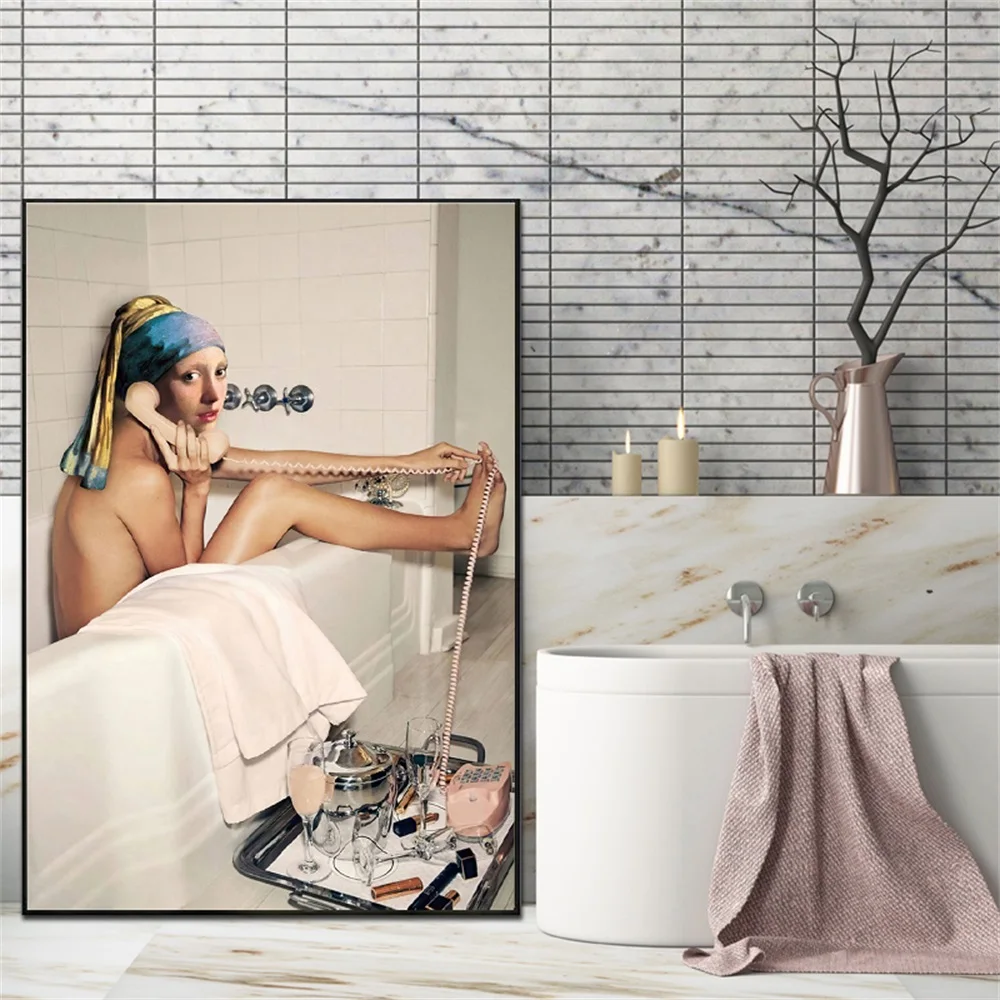 

Funny Girl With A Pearl Earring Bath Poster Nordic Luxury Wall Art Print Canvas Painting Picture Bathroom Room Home Decoration