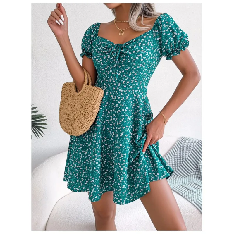 

Spring/Summer Casual Square Neck Flare Sleeve Drawstring Lace up Fragmented Flower Large Swing Dress Women's Short Sleeve
