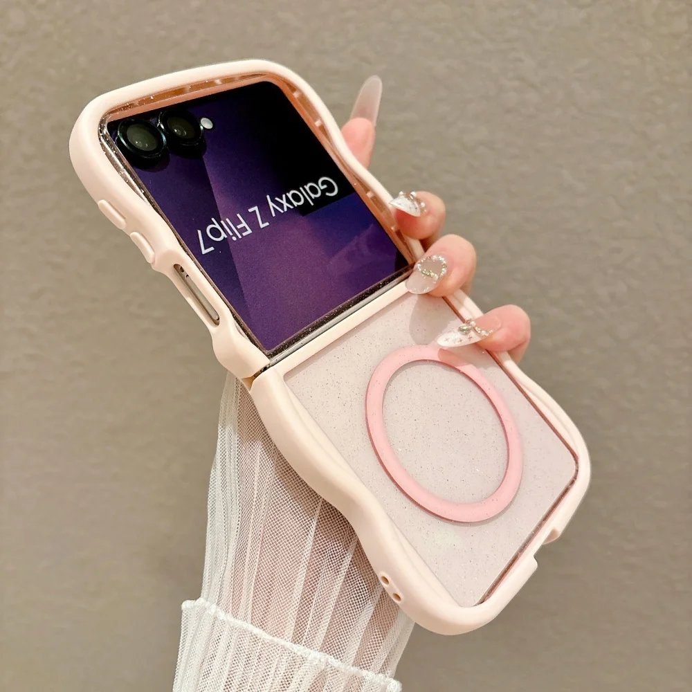 Luxury Transparent Glitter Case with Magnetic Wave Border, Shockproof Cover