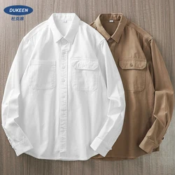 Dukeen 100% Cotton Shirts for Men Autumn and Winter Pocket Shirt White Long-Sleeved Tops Oversized Casual Mans Clothing