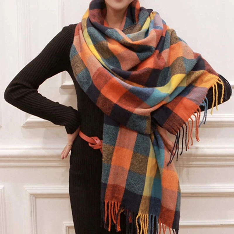 Winter Female Lattice Imitation Cashmere Scarf Autumn And Winter Thick Fashion Warm Wild Scarf Shawl autumn and winter fashion all match pleated striped scarf summer sunscreen shawl triangle square scarf female silk scar