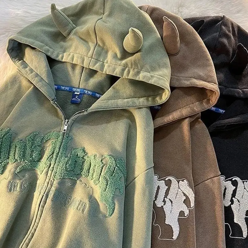 Angel Ears Hoodie Women Letter Embroidery Zipper Hooded Sweatshirt Harajuku Gothic Oversized Jacket Coats Y2k Streetwear