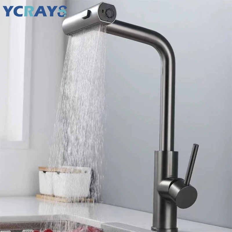 Ycraft-pull-out Rotação Torneiras de Cozinha Cachoeira Stream Cabeça de Pulverizador Misturador de Pia Níqueis Escovado Acessórios de Torneira de Água Preto e Cinza