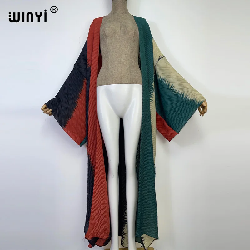 2022 Winyi Zomer Afdrukken Geplooide Jurk Beach Wear Swim Pak Elegante Afrika Vrouwen Boho Vest Sexy Holiday Lange Mouw Kimono