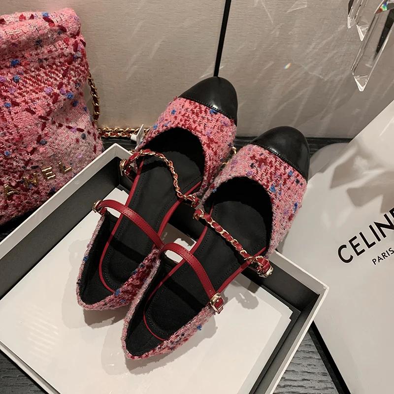 New Brand Design Metal Belt Buckle Single Shoes Round Head Splicing French Hollow Sandals Casual Flat Shoes Women's Sneakers