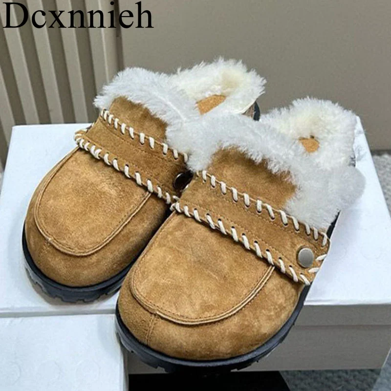 

New Retro Closed Toe Solid Color Mules Women's Faux Suede Fur Decor Thick Heels Slippers Winter Outwear Holidays Lazy Slipper