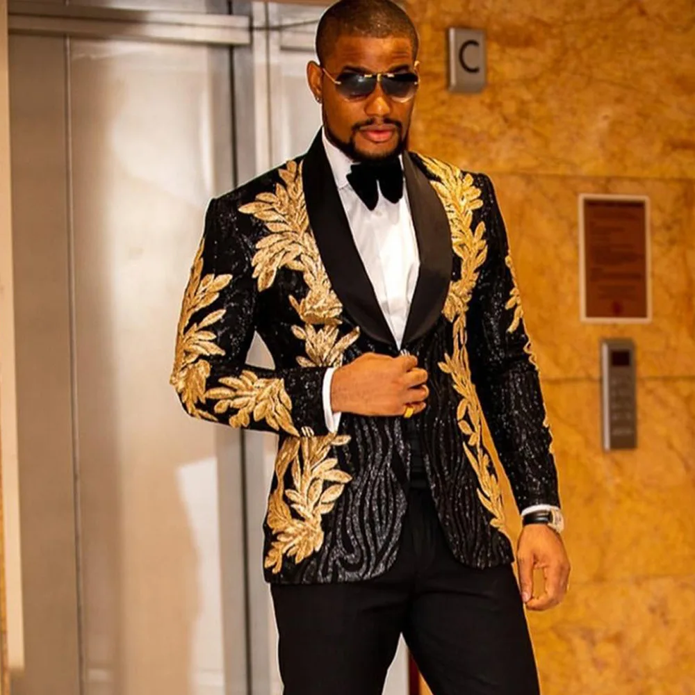 

High Quality Men's Banquet Wedding Suit Gold Green Blue Sequins Floral Embroidery Blazer Pants 2 Piece Set Singer Host Tuxedo