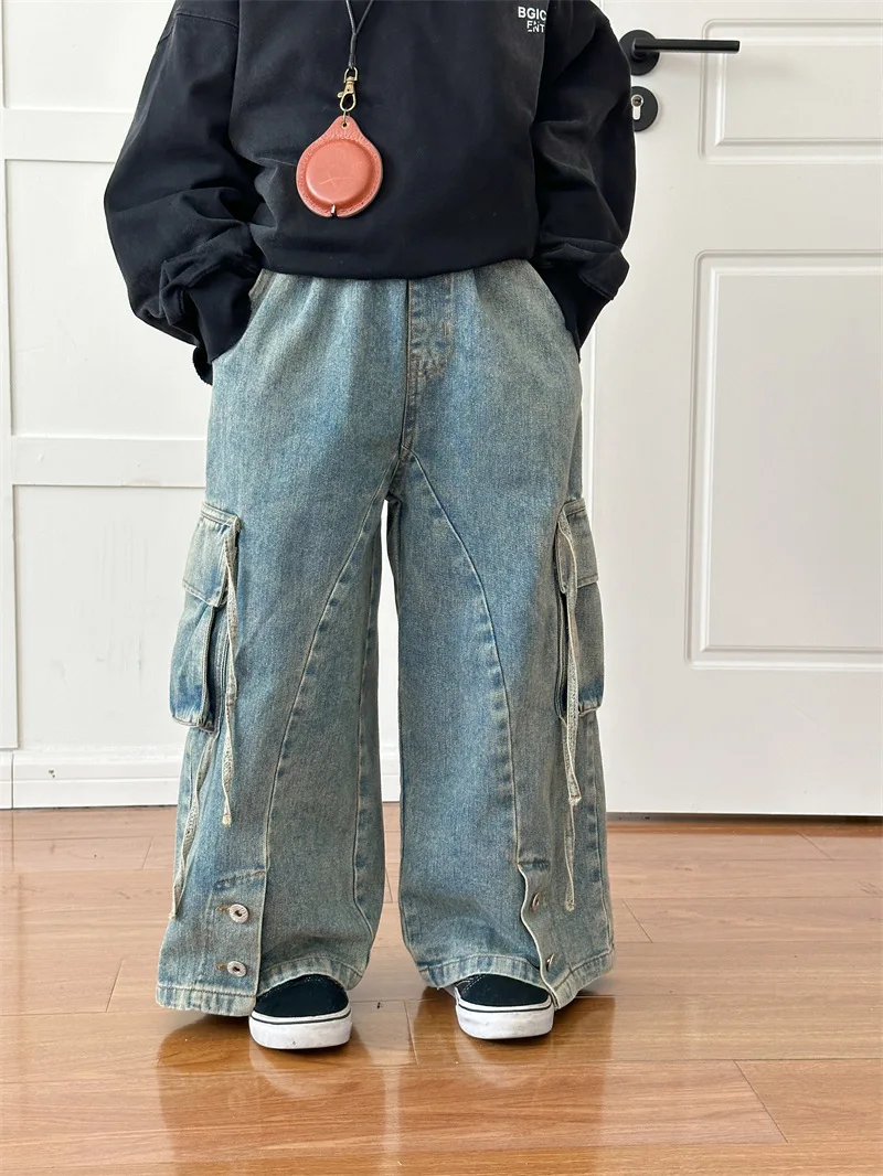 Children Clothing Kids Casual Pants 2024 Spring New Fashionable Korean Style Denim Overalls Boys Girls Vintage Wide-leg Pants