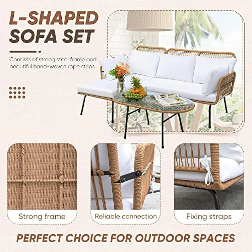 Outdoor L-Shaped Rope Sofa Set with Table & Cushions, White Patio Furniture for Backyard/Porch