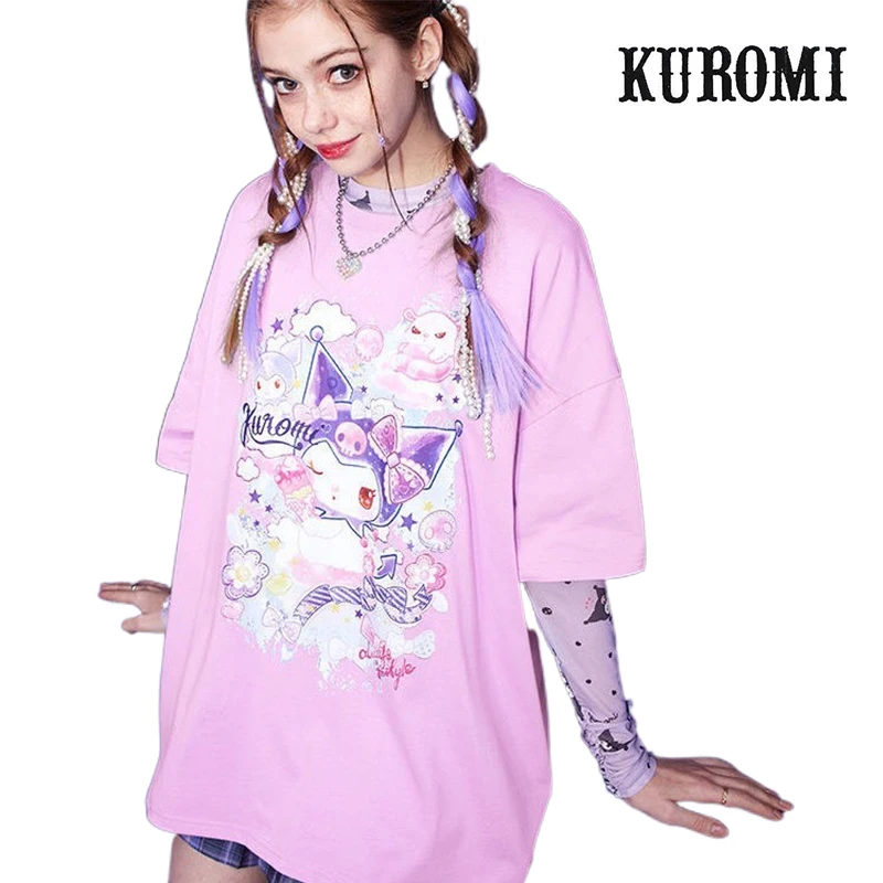 

Sanrio Kuromi Loose TShirt Women Summer Kawaii Cartoon Print Hip Hop Creative Loose Cotton Tide Short Sleeve Tops Girls Clothes