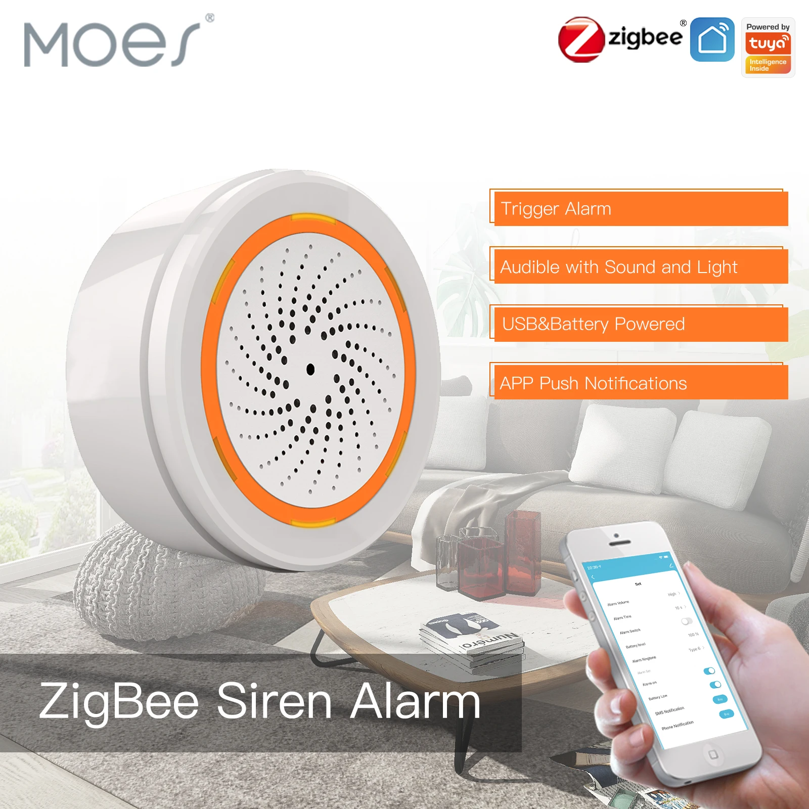 MOES tuya zigbee chytrá řádný a lehký siréna senzor 90db chytrá život siréna domácí záruka systém tuya průchod náboje, použitý s alexa