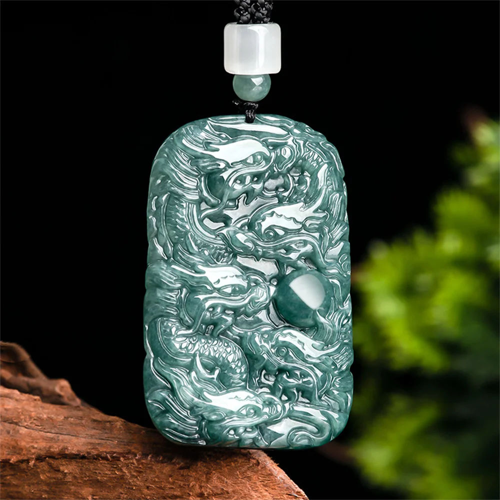 

Natural Green Jadeite Hand Carved Nine Dragon Double Side Pendant Necklace Certificate Luxury Jade Vintage Woman Man's Jewelry