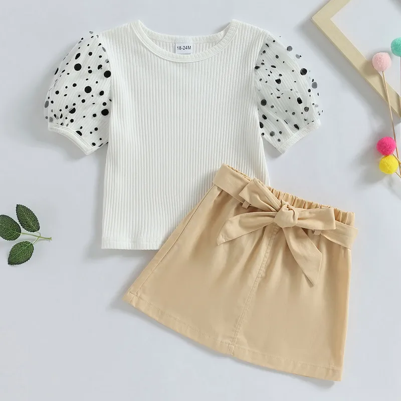 

Kid Children Baby Girl Skirt Sets Summer Clothes 2023 Short Sleeves Dot Knit Top Short Skirt Outfit Baby Items Children Clothing