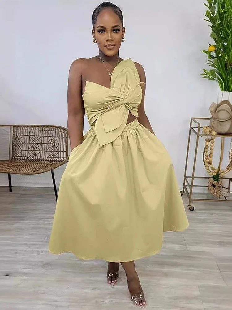 Wmstar Dress Women Party Elegant Sexy Solid Color One Shoulder Petal Hollow Out Dresses New in Summer Fashion Street Wear