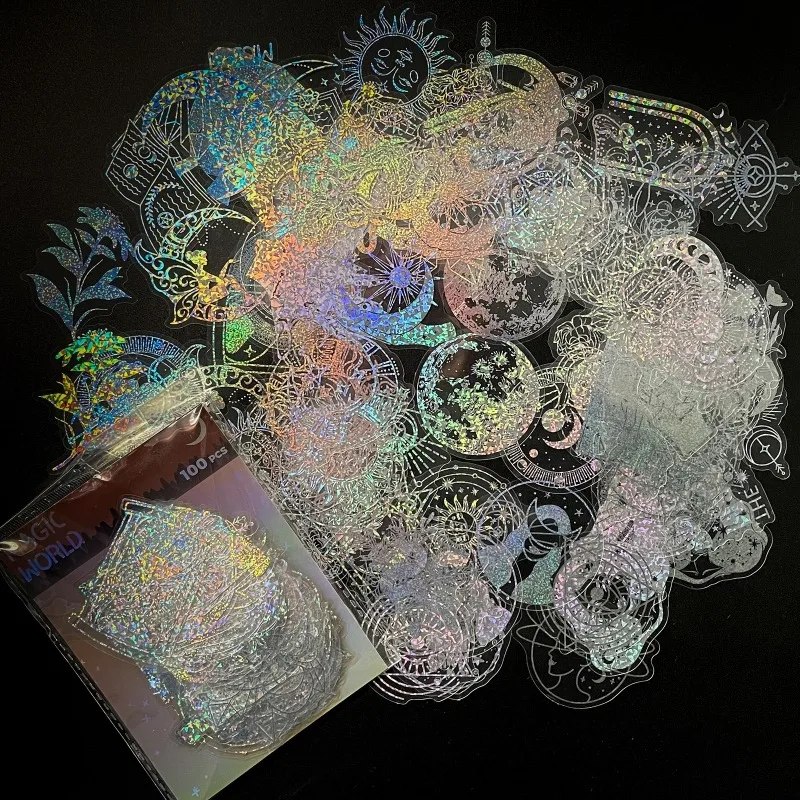 

100Pcs Holographic Glitter Magic World Series Sticker，Shiny Resin Stickers Waterproof PET Transparent Decorative Decals