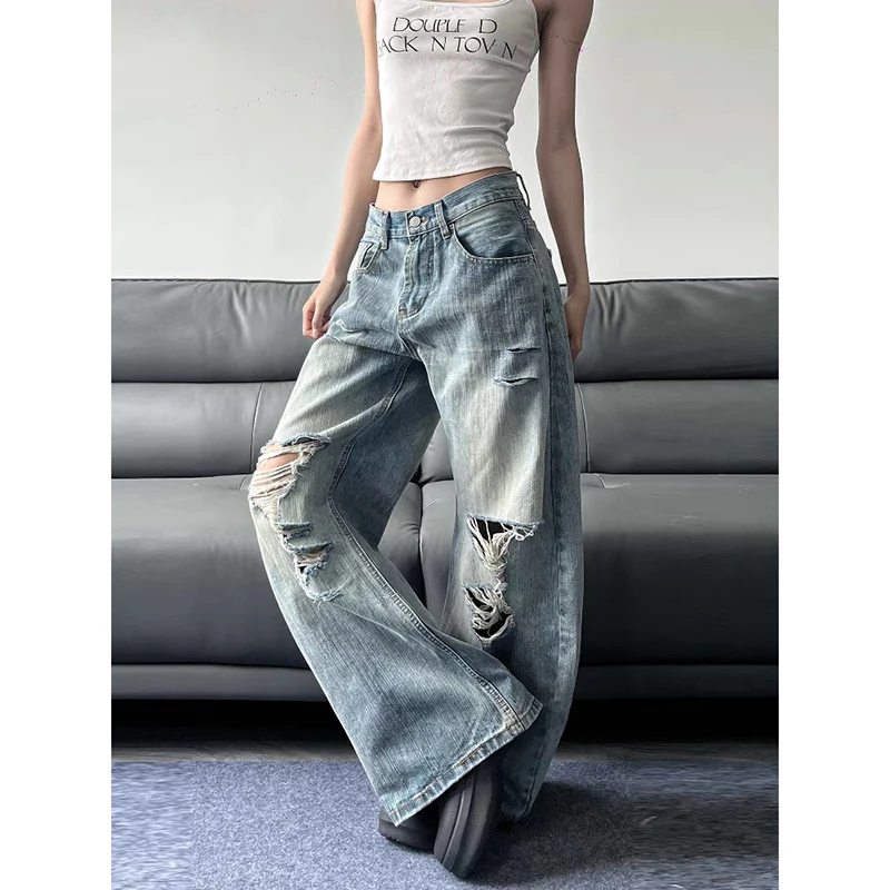 2025 Summer High Waist Ripped Women's Blue Jeans American