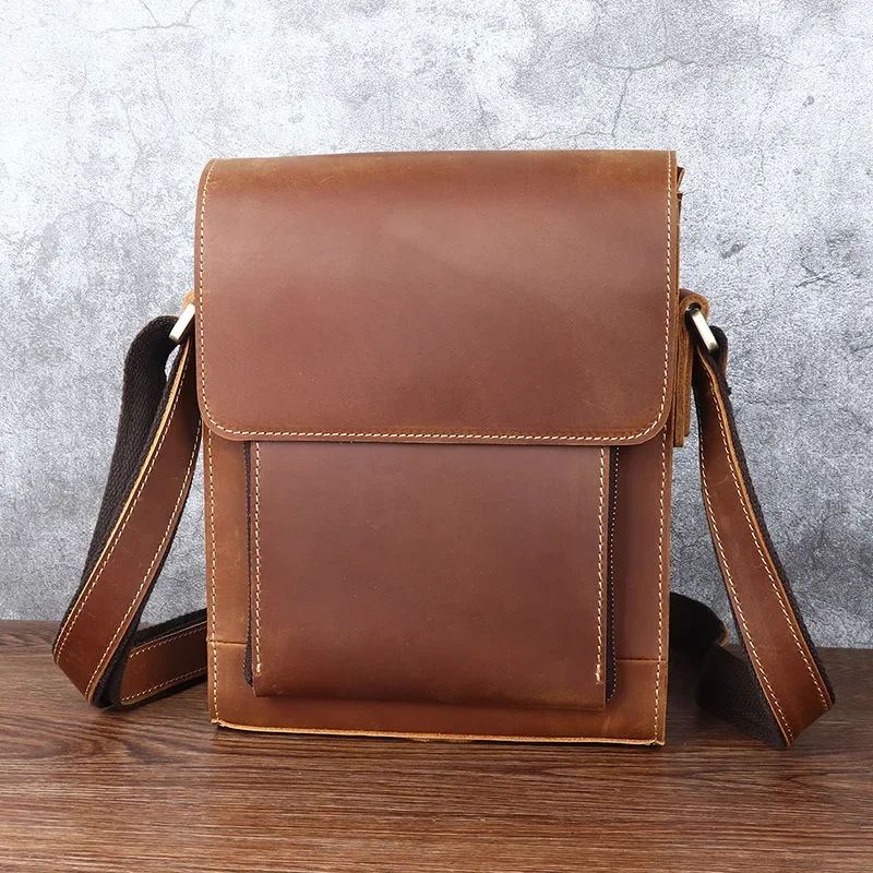 Crazy Horse Leather Men's Shoulder Bag Vertical Style Crossbody Bag Vintage Personality Cowhide Men's Bag