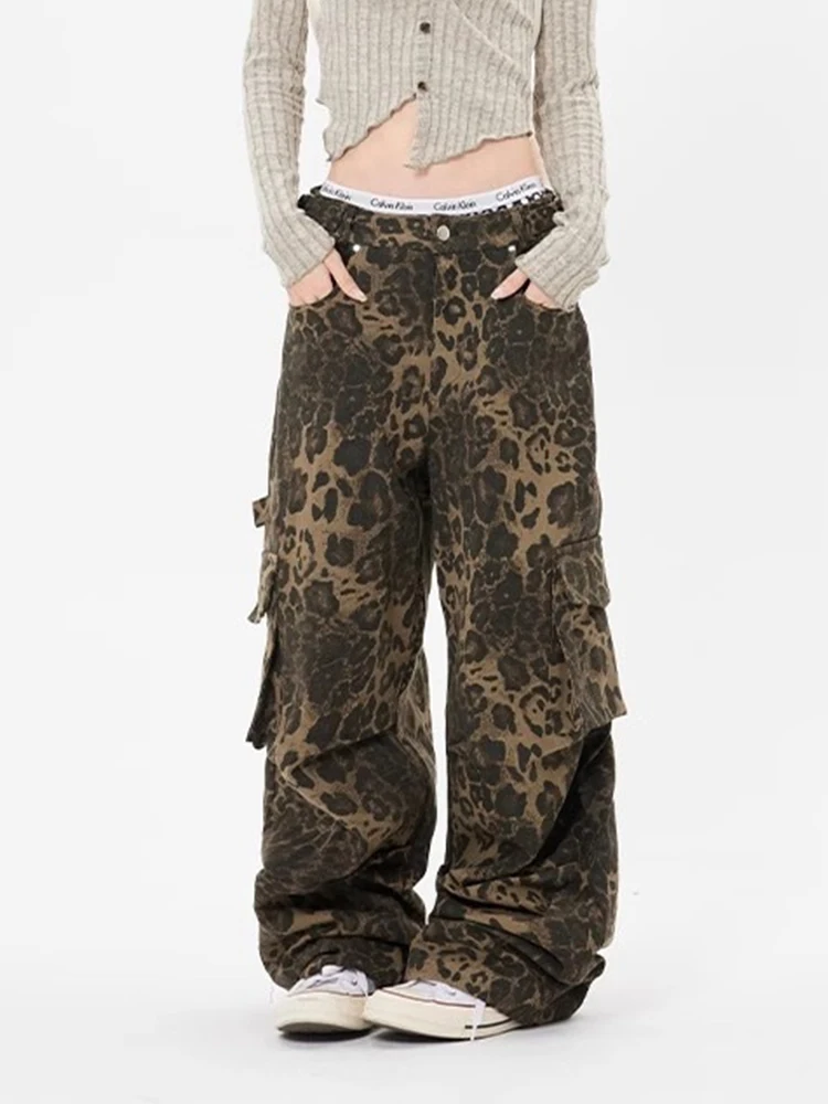 HOUZHOU Tan Leopard Cargo Pants Women Y2K Parachute Oversize Wide Leg Trousers Female Streetwear Hip Hop Vintage Harajuku Casual