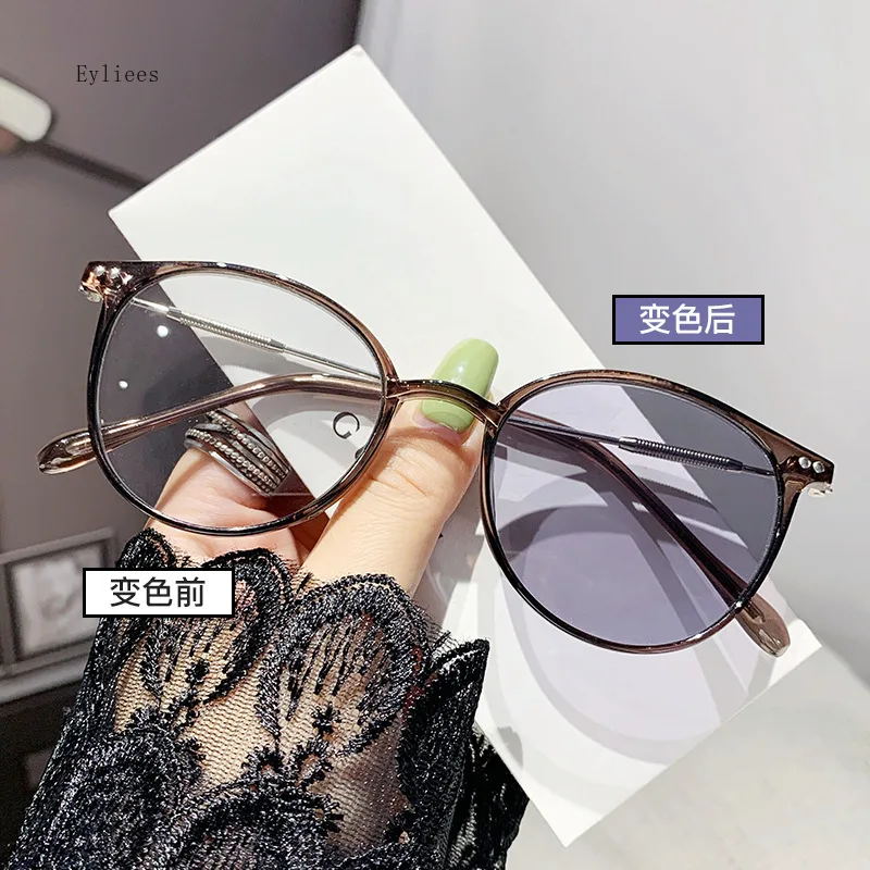 Women Trendy Photochromic Myopia Glasses Anti Blue Light Short Sighted Eyewear Finished Round Sunglasses Goggle Diopter 0~-4.0 3