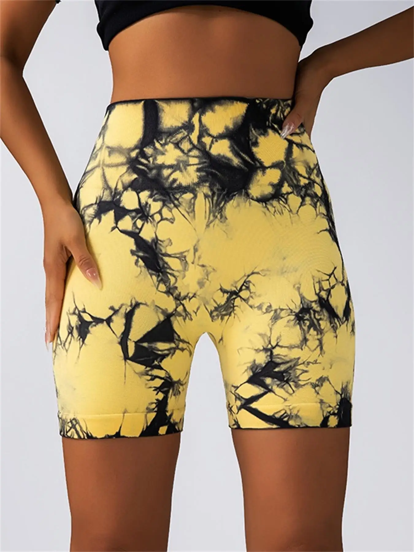 Damen-Sportshorts mit Batik-Print und geraffter Taille, lässige, bequeme, atmungsaktive, nahtlose Skinny-Shorts für Yoga, Fitness-Workout – Detail 11