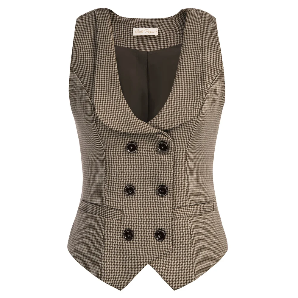 BP Women Vintage Retro Double Breasted Vest Deep V-Neck Handkerchief Hem Vest Coat Sleeveless Slim Jackets Causal Female Clothes