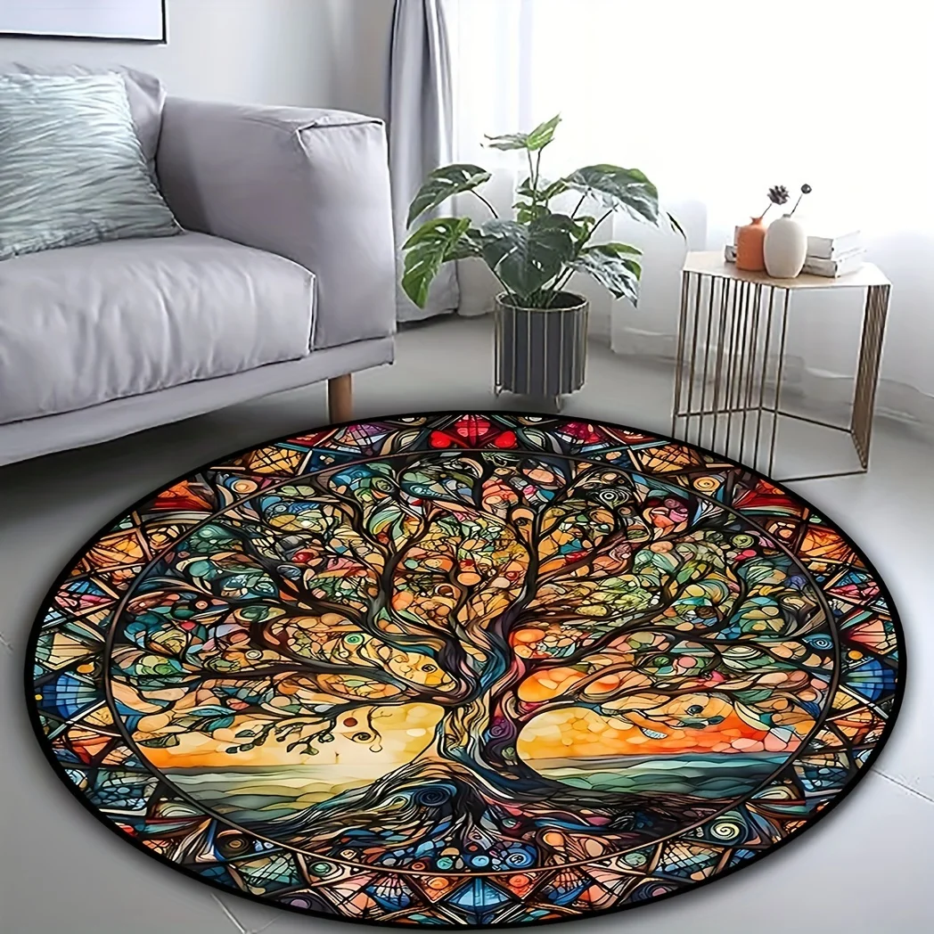 1 Piece, Short Velvet Slip Mat, Creative 3D Tree Of Life Pattern Circular Soft Anti Fouling Floor Mat For Living Room, Bedroom