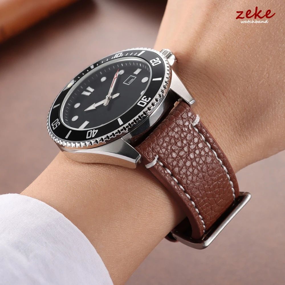 Luxury Lychee Pattern Leather Watch Band - Brown Bracelet with Elegant Stitching