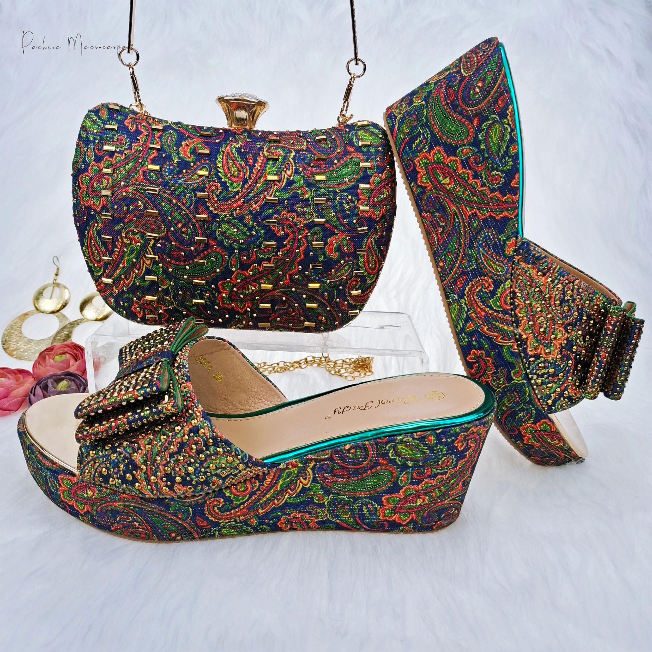 

New Italian Design Paisley Pattern Green Color Women's Shoes and Bags Matching Party Fashion and Comfortable Middle Heel