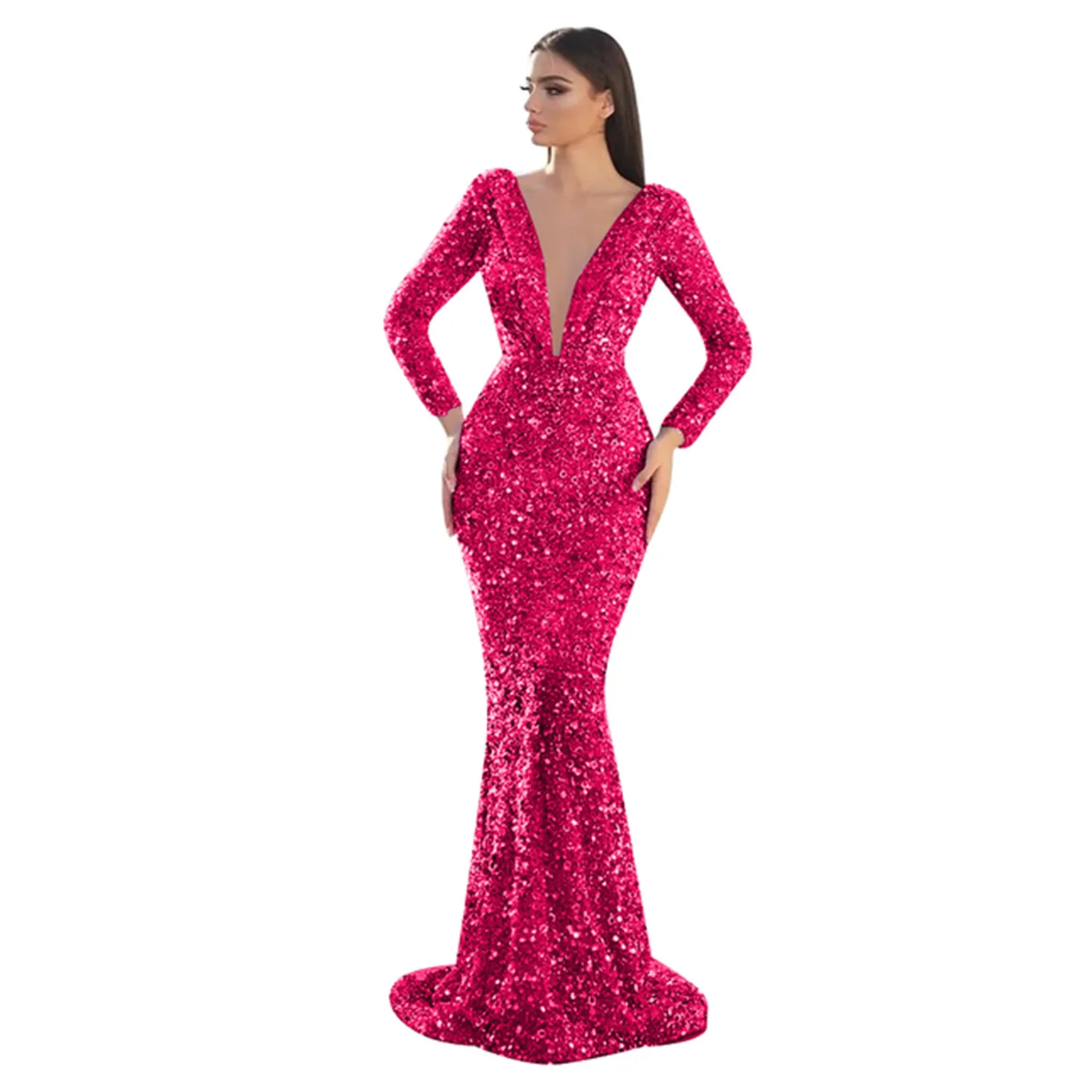 

Hot Pink Evening Dresses Gowns Mermaid V Neck 2023 Luxury Sequins Beading Elegant Sexy For Women Party