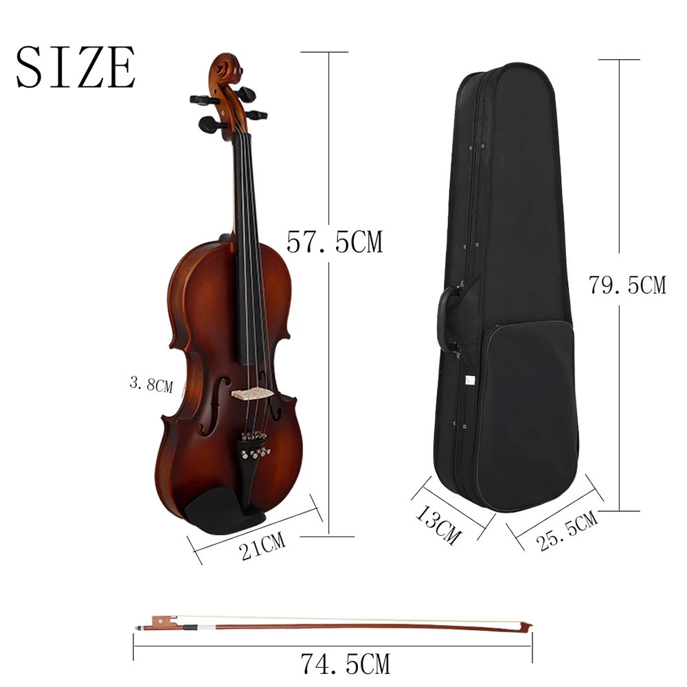1/2 3/4 4/4 Retro Matte Violin Acoustic Fiddle Basswood for Violin Beginner with Case & Tuner & Bow &Stringed Instruments Tools