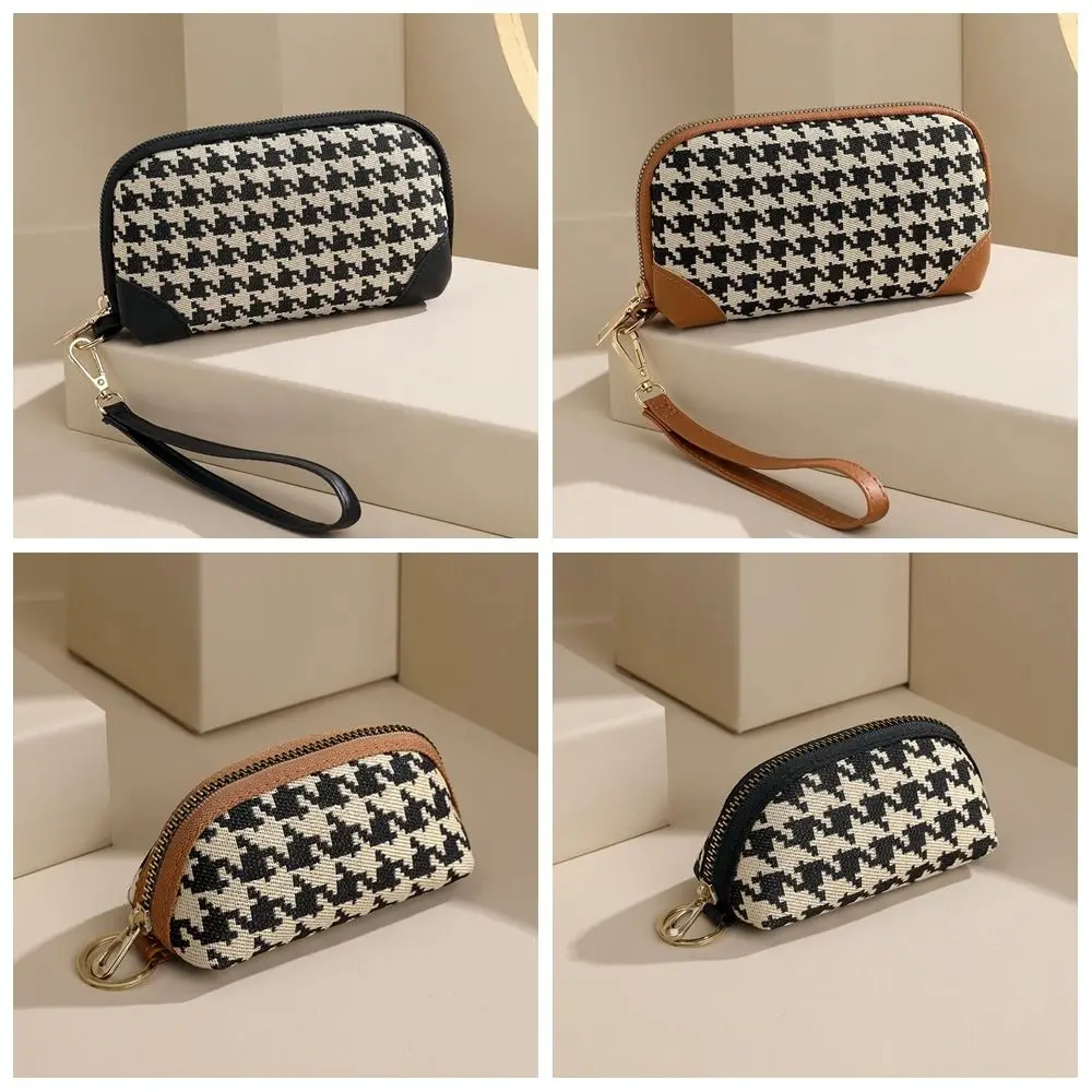 Pu Leather Long Style Wallet Fashion Printing Canvas Houndstooth Zipper Purse Coin Purse Car Key Bag Square Change Purse Girls