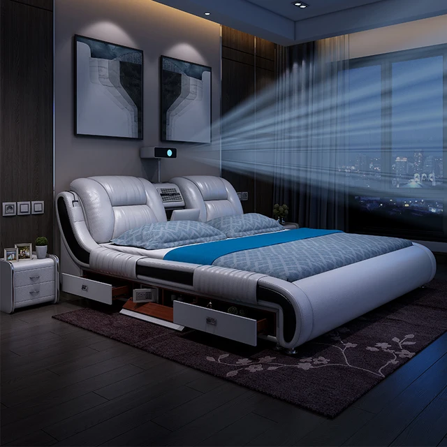 Genuine leather bed multifunctional beds ultimate massage camas with bluetooth speaker safe air cleaner projector drawers