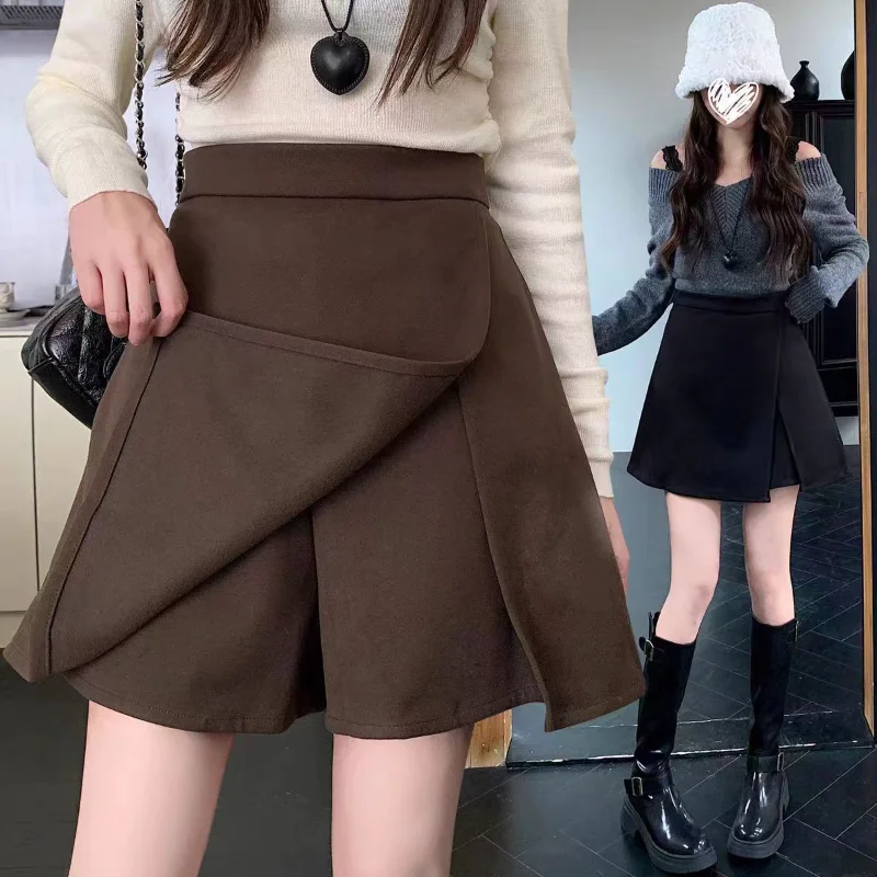 New Chic Design Small Slit Skirt Pants Casual Autumn and Winter Woolen High Waist Slimming A-line All Match Shorts 1
