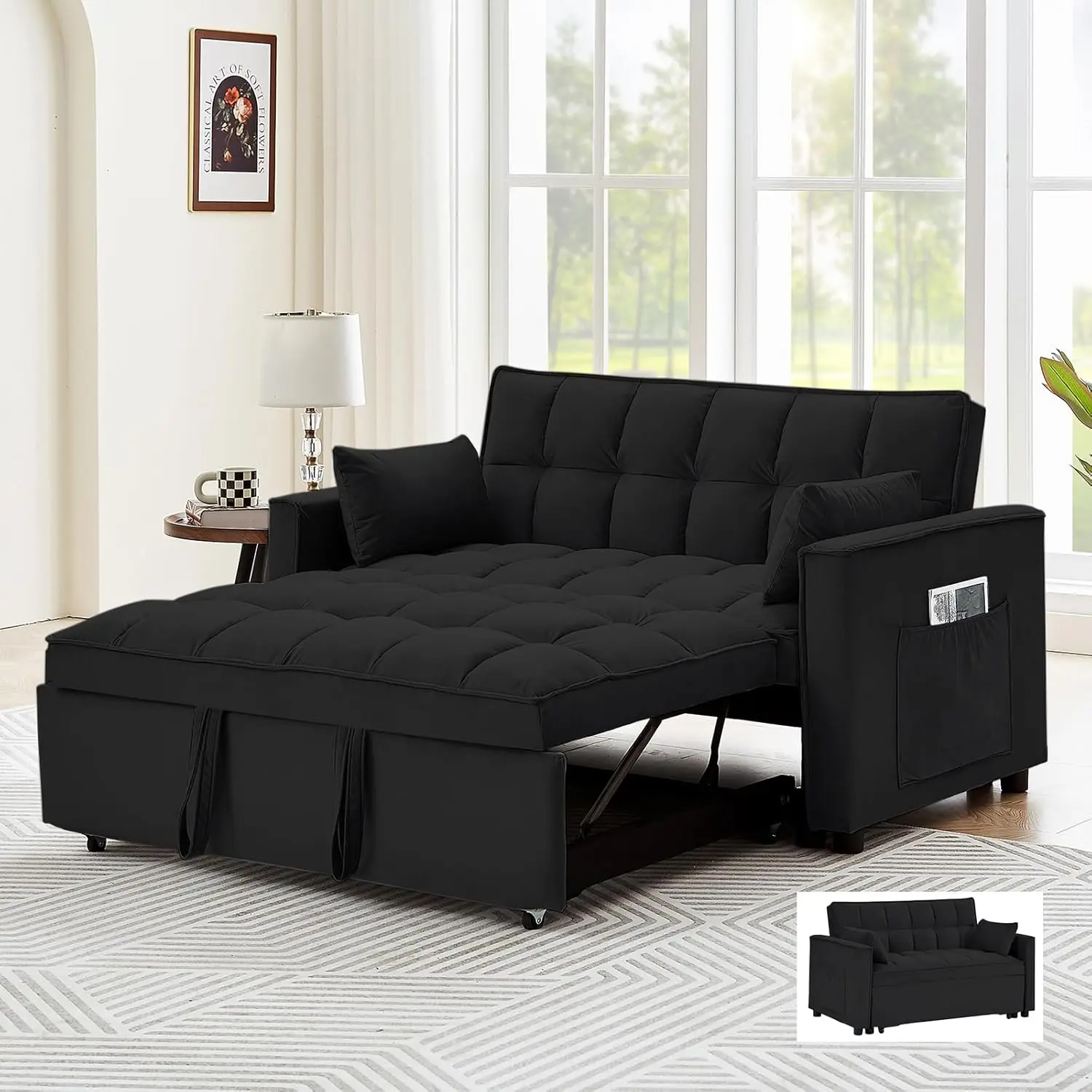 3 in 1 Velvet Small Loveseat with Pull Out Bed, Reclining Backrest, Futon Couches for Living Room Apartment Office