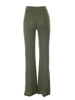 Women High Waist Flared Pants Casual Solid Color Ribbed Bell Bottoms Elastic Bootcut Trousers Streetwear 2