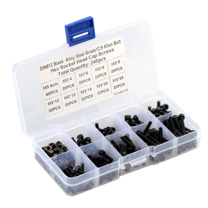 240pcs M3 검정색 고강도 육각형 육각 소켓 캡 헤드 나사 키트 너트 조합 세트가있는 12.9 등급 탄소강 알렌 나사
