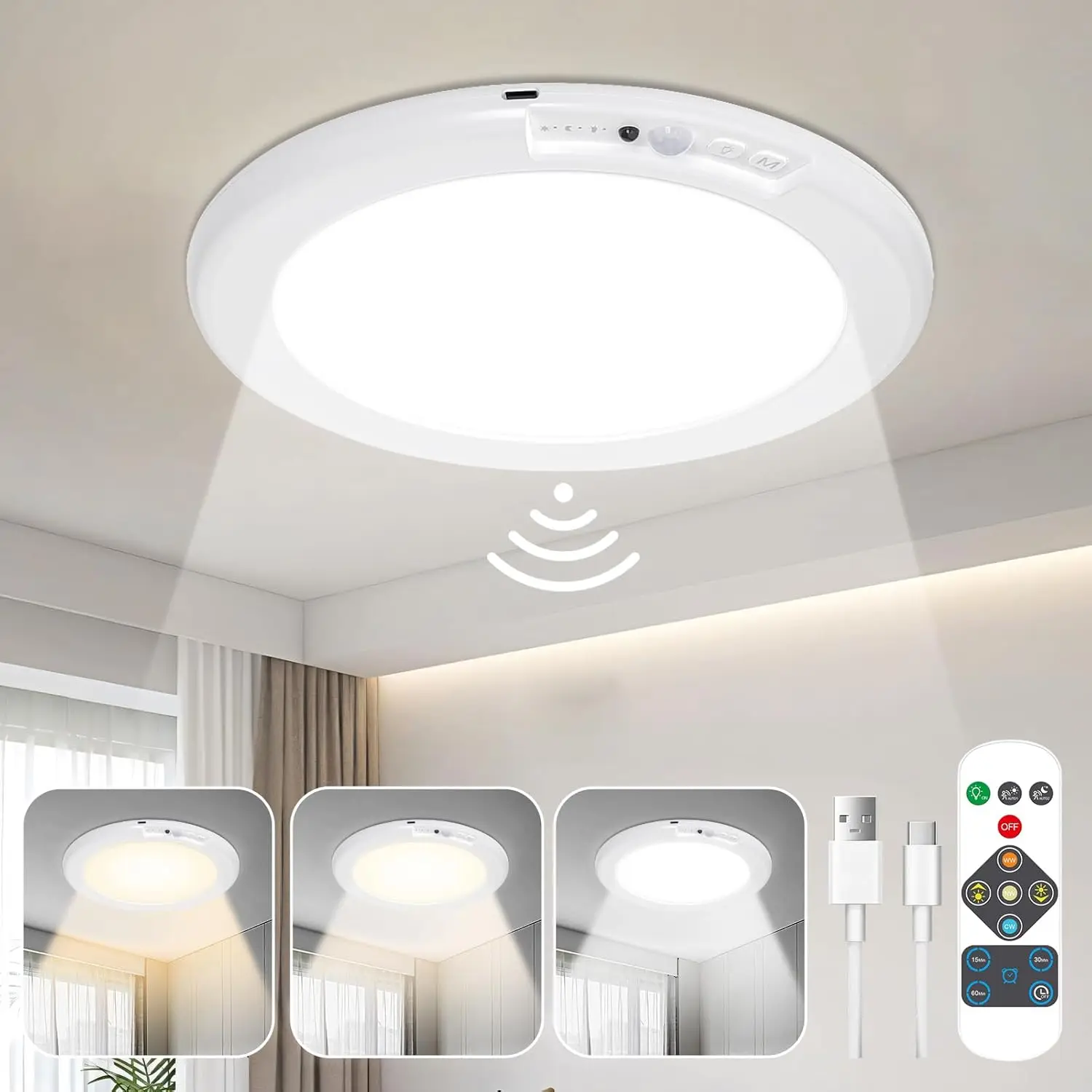 모션센서 LED 천장등, 리모컨, USB 충전, 마그네틱 설치, 원형, 계단, 침실, 옷장, 야간 조명