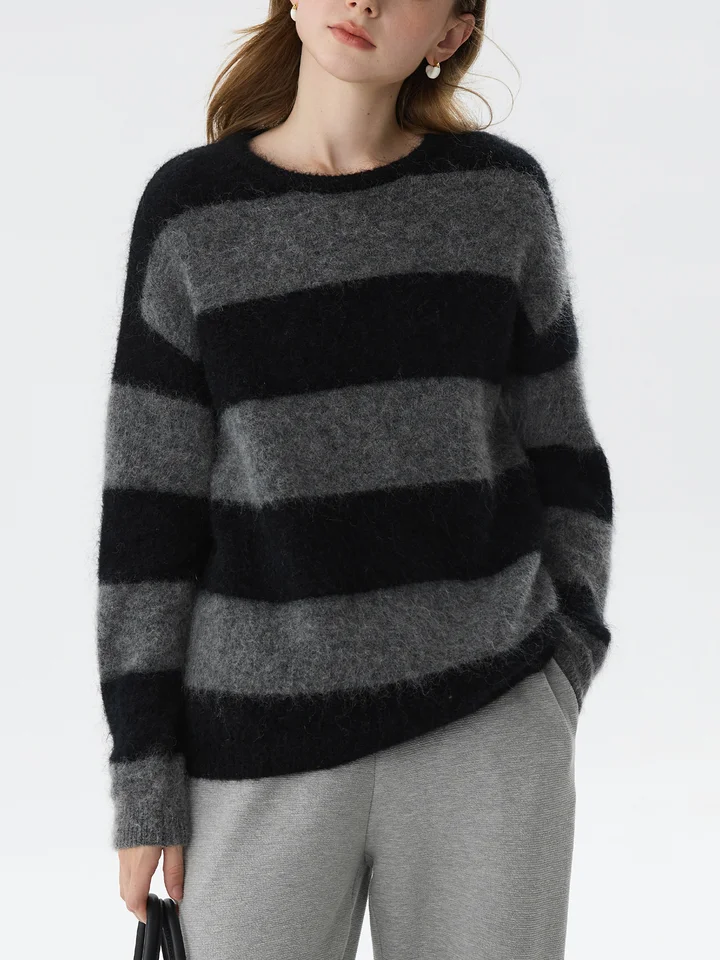 FSLE Office Lady Mohair Retro Striped Knitted Sweater for Women