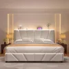 King Size Bed Frame, Storage Headboard Platform Bed with Charging Station and LED Lights, Sturdy Wooden Slats Support 1