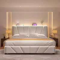King Size Bed Frame, Storage Headboard Platform Bed with Charging Station and LED Lights, Sturdy Wooden Slats Support 1