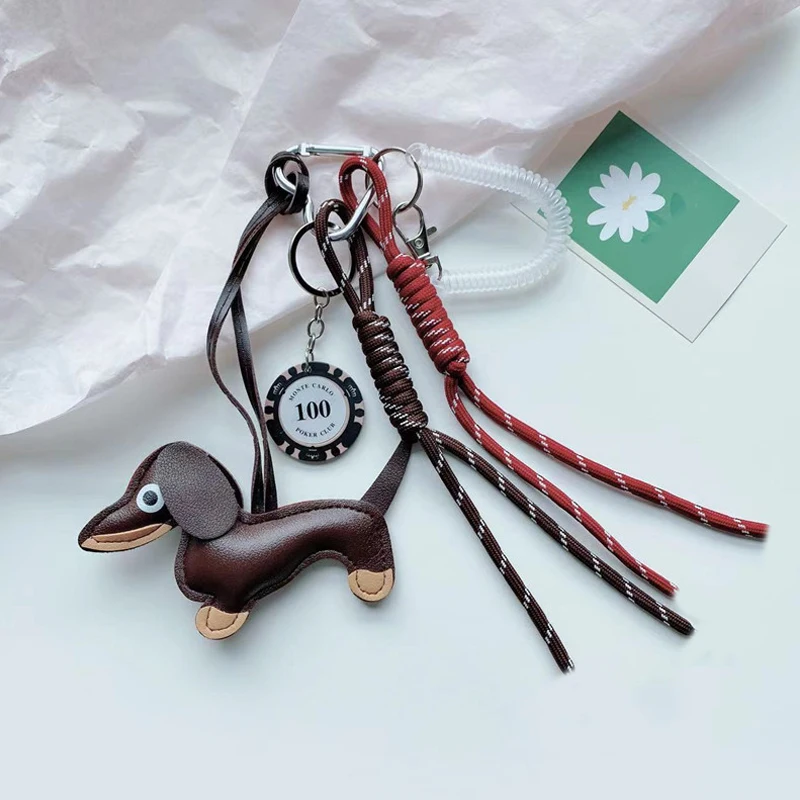 Trendy Gift Cute Sausage Dog Keychain Leather Woven Rope Anti-Lost Luggage Tag Car Bag Charm Men Women Fashion Accessories Gifts