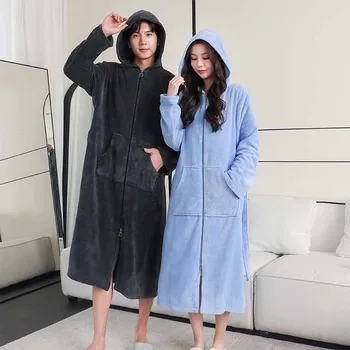 여성용 엑스트라 롱 두꺼운 따뜻한 목욕 가운, 플러스 사이즈 지퍼 럭셔리 플란넬 Peignoir 임신 목욕 가운, 남성 코랄 플리스 가운, 겨울