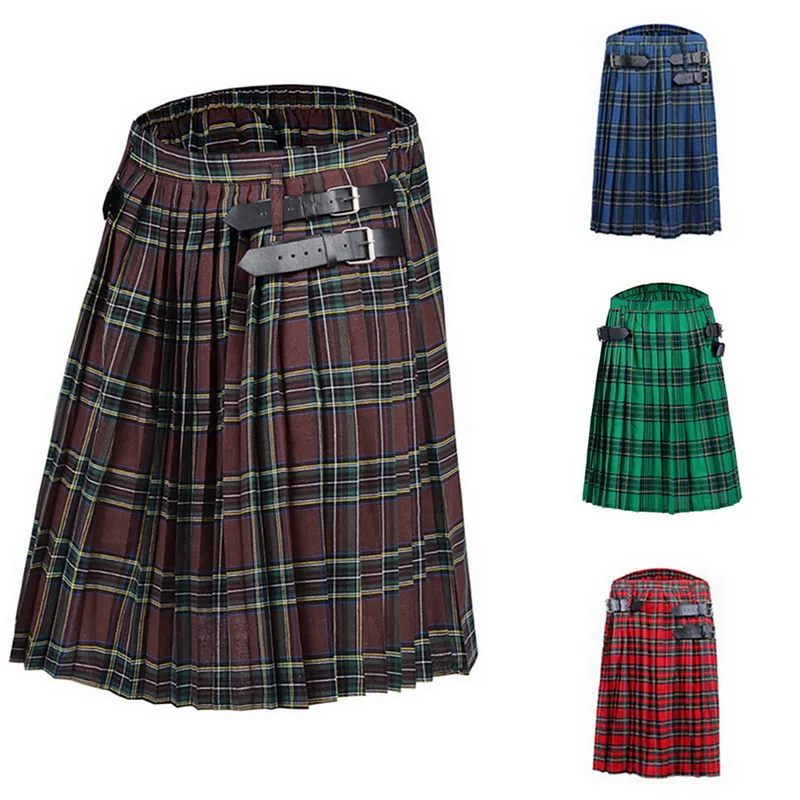 

2021 Mens Kilt Traditional Plaid Belt Pleated Bilateral Chain Brown Gothic Punk Scottish Tartan Trousers Skirts